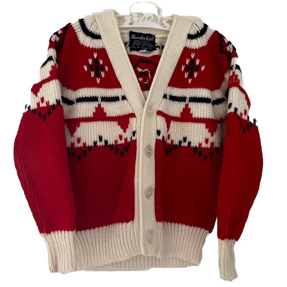 70’s Vintage Wonderknit Fairisle Chunky Knit Cardigan Red/White  Unisex Size 4